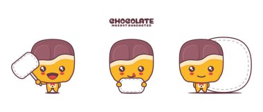 Beyaz arka planda izole edilmiş, boş pankartı olan çikolata maskotu..