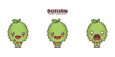 Vektör Durian meyve çizgi film maskotu, farklı ifadelerle, beyaz arka planda izole edilmiş..