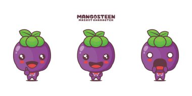 Vektör mangosteen çizgi film maskotu, farklı ifadelerle, beyaz bir arkaplanda izole edilmiş..