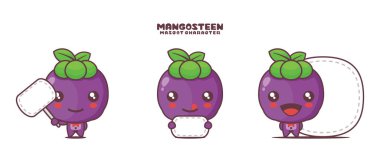 Beyaz arka planda izole edilmiş, boş pankartı olan, vektör mangosteen çizgi film maskotu..