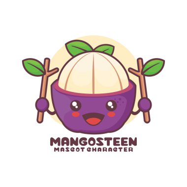 Tatlı mangosteen çizgi film maskotu, logolar, baskılar, çıkartmalar, vs. için uygun, beyaz arka planda izole edilmiş..