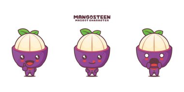 Farklı ifadeleri olan, beyaz bir arka planda izole edilmiş şirin bir mangosteen çizgi film maskotu..