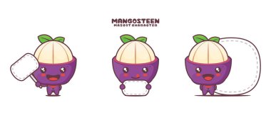 Beyaz arka planda izole edilmiş, boş pankartı olan sevimli bir mangosteen çizgi film maskotu..