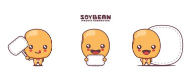 Beyaz arka planda izole edilmiş, boş pankartı olan sevimli soya fasulyesi maskotu..