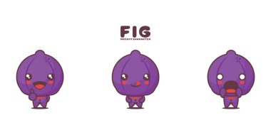 Vektör incir meyvesi maskotu, farklı ifadelerle, beyaz bir arkaplanda izole edilmiş..