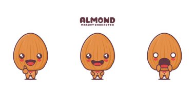 Badem vektör maskotu, farklı ifadelerle, beyaz bir arkaplanda izole edilmiş..