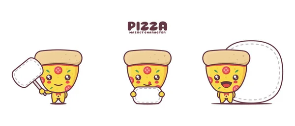 Bonito Pizza Fatia Cartoon Mascote Vetor Com Banner Placa Branco — Vetor de Stock