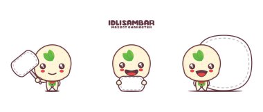 vektör idli sambar maskot çizgi filmi, geleneksel Hint yemek çizimi, beyaz arka planda izole edilmiş, boş pankart afişi ile.