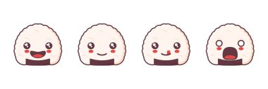 Vektör onigiri maskot çizgi filmi, Japon geleneksel yemek çizimi, ve farklı yüz ifadeleri. Simgeler, logolar, baskılar, çıkartmalar vs. için uygun.
