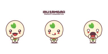 Vektör idli sambar maskot çizgi filmi, geleneksel Hint yemek çizimi, farklı ifadelerle, beyaz arka planda izole edilmiş..