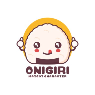 Vektör onigiri maskot çizgi filmi, Japon geleneksel yemek illüstrasyonu, logolar, baskılar, çıkartmalar vs. için uygun, beyaz arka planda izole edilmiş..