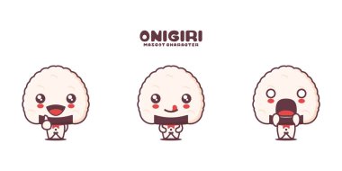 Vektör onigiri maskot çizgi filmi, Japon geleneksel yemek çizimi, farklı ifadelerle, beyaz arka planda izole edilmiş..