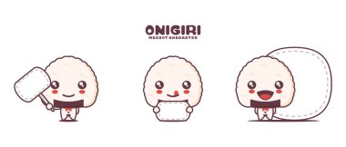 Vektör onigiri maskot karikatürü, Japon geleneksel yemek çizimi, beyaz arka planda izole edilmiş boş pankart afişi..
