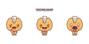 Vektör şans kurabiyesi maskotu karikatürü, farklı ifadelerle, beyaz arka planda izole edilmiş..