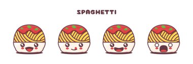 Spagetti maskotu vektörü, farklı yüz ifadeleriyle İtalyan makarna çizimi. Simgeler, logolar, baskılar, çıkartmalar vs. için uygun.
