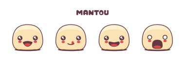 Vektör mantou çörekleri farklı yüz ifadeleri olan maskot çizgi filmi. Simgeler, logolar, baskılar, çıkartmalar vs. için uygun.