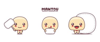 Vektör mantou çörekleri maskot karikatürü, beyaz arka planda izole edilmiş, boş pankart afişi ile.