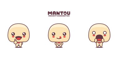 Vektör mantou çörekleri, farklı ifadelerle, beyaz bir arka planda izole edilmiş maskot karikatürü..