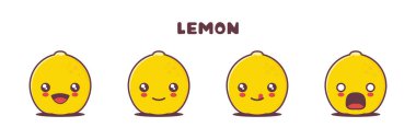 Farklı yüz ifadeleri olan limonlu vektör maskot. Simgeler, logolar, baskılar, çıkartmalar vs. için uygun.
