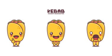 Vektör kebap çizgi film maskotu, farklı ifadelerle, beyaz bir arkaplanda izole edilmiş..