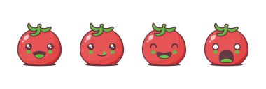 Farklı yüz ifadeleri olan vektör domates çizgi filmi maskotu. Simgeler, logolar, baskılar, çıkartmalar vs. için uygun.