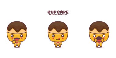 Vektör fincan kek çizgi film maskotu, farklı ifadelerle, beyaz bir arka planda izole.