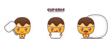 Beyaz arka planda izole edilmiş, boş pankartı olan vektör fincan kek çizgi film maskotu..