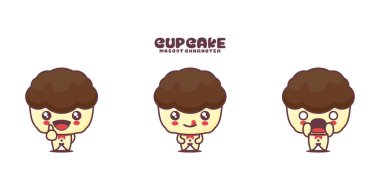 Farklı ifadelerle, beyaz bir arka planda izole edilmiş şirin bir fincan kek çizgi film maskotu..