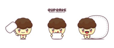 Beyaz bir arka planda izole edilmiş, boş pankartı olan sevimli bir fincan kek çizgi film maskotu..