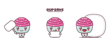 Beyaz arka planda izole edilmiş, boş pankartı olan pembe kupa kek çizgi film maskotu..