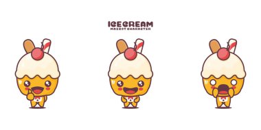 vektör dondurma çizgi film maskotu, farklı ifadelerle, beyaz arka planda izole edilmiş..