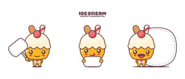 Beyaz arka planda izole edilmiş, boş pankartı olan vektör dondurma çizgi film maskotu..