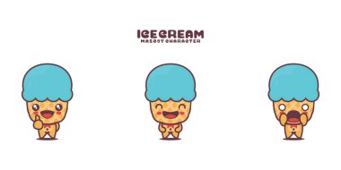 Tatlı dondurma maskotu, farklı ifadelerle, beyaz bir arka planda izole edilmiş..