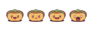 Farklı yüz ifadeleri olan vektör sosisli çizgi film maskotu. Simgeler, logolar, baskılar, çıkartmalar vs. için uygun.