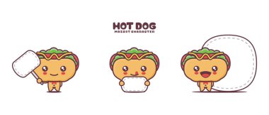 Beyaz arka planda izole edilmiş, boş pankartı olan sosisli çizgi film maskotu..