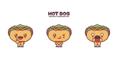 vektör hot dog çizgi film maskotu, farklı ifadelerle, beyaz arka planda izole edilmiş..