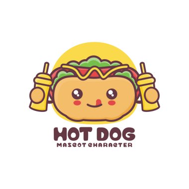 vektör hot dog çizgi film maskotu, logolar, baskılar, çıkartmalar vs. için uygun, beyaz arka planda izole edilmiş..