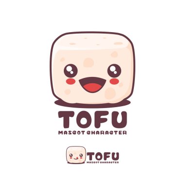 Vektör tofu çizgi film maskotu, mutlu bir ifadeyle, logolar, baskılar, çıkartmalar, vs. için uygun, beyaz arka planda izole edilmiş..