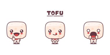 Vektör tofu çizgi film maskotu, farklı ifadelerle, beyaz bir arkaplanda izole edilmiş..