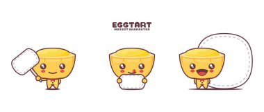 Beyaz arka planda izole edilmiş, boş pankartı olan vektör yumurtalı tart çizgi film maskotu..