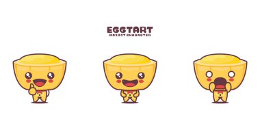 Farklı ifadelerle, beyaz bir arkaplanda izole edilmiş vektör yumurtalı tart çizgi film maskotu..