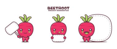 Beyaz arka planda izole edilmiş, boş pankart pankartıyla pancar kökü maskotu..