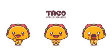 Vektör taco çizgi film maskotu, farklı ifadelerle, beyaz bir arkaplanda izole edilmiş..