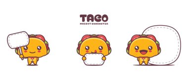 vector taco cartoon mascot, with blank board banner, isolated on a white background.