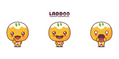 vektör laddoo çizgi film maskotu, geleneksel Hint yemek çizimi, farklı ifadelerle, beyaz arka planda izole edilmiş..