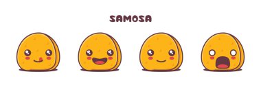 Vektör samosa çizgi film maskotu, farklı yüz ifadeleri olan geleneksel Hint yemekleri çizimi. Simgeler, logolar, baskılar, çıkartmalar vs. için uygun.