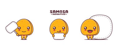 Vektör samosa çizgi film maskotu, geleneksel Hint yemek çizimi, beyaz arka planda izole, boş pankart afişi ile.