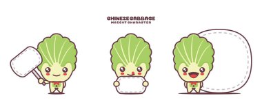 Beyaz arka planda izole edilmiş, boş pankartlı, sebze resimli Çin lahanası maskotu vektörü..
