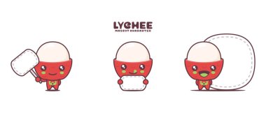 Vektör Lychee çizgi film maskotu, beyaz arka planda izole edilmiş, boş pankartı var..