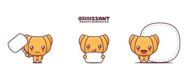 vektör kruvasan çizgi film maskotu, yemek illüstrasyonu, beyaz arka planda izole edilmiş, boş pankartı olan..